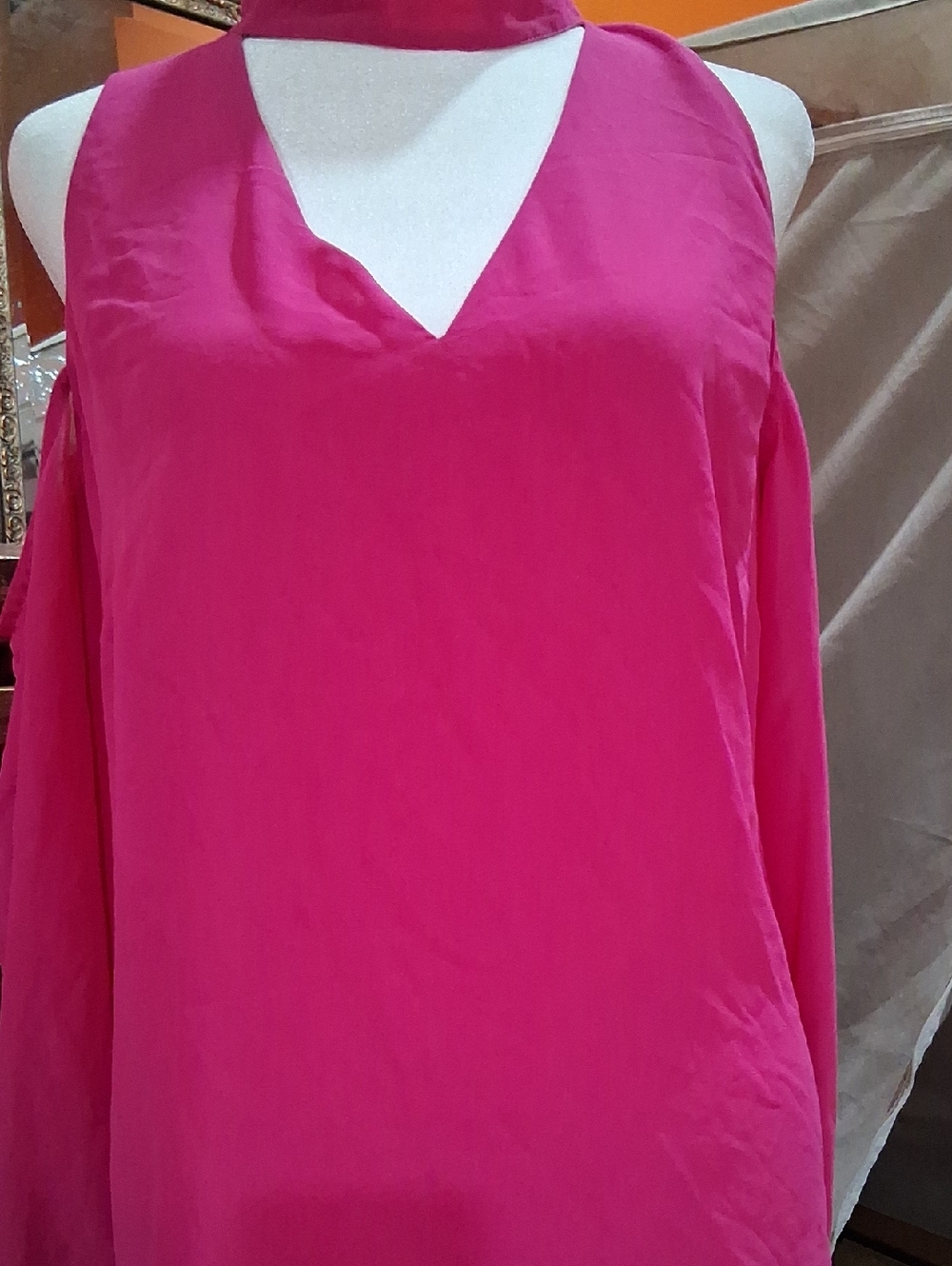 bebe Hot Pink Cold-Shoulder V-Neck Blouse